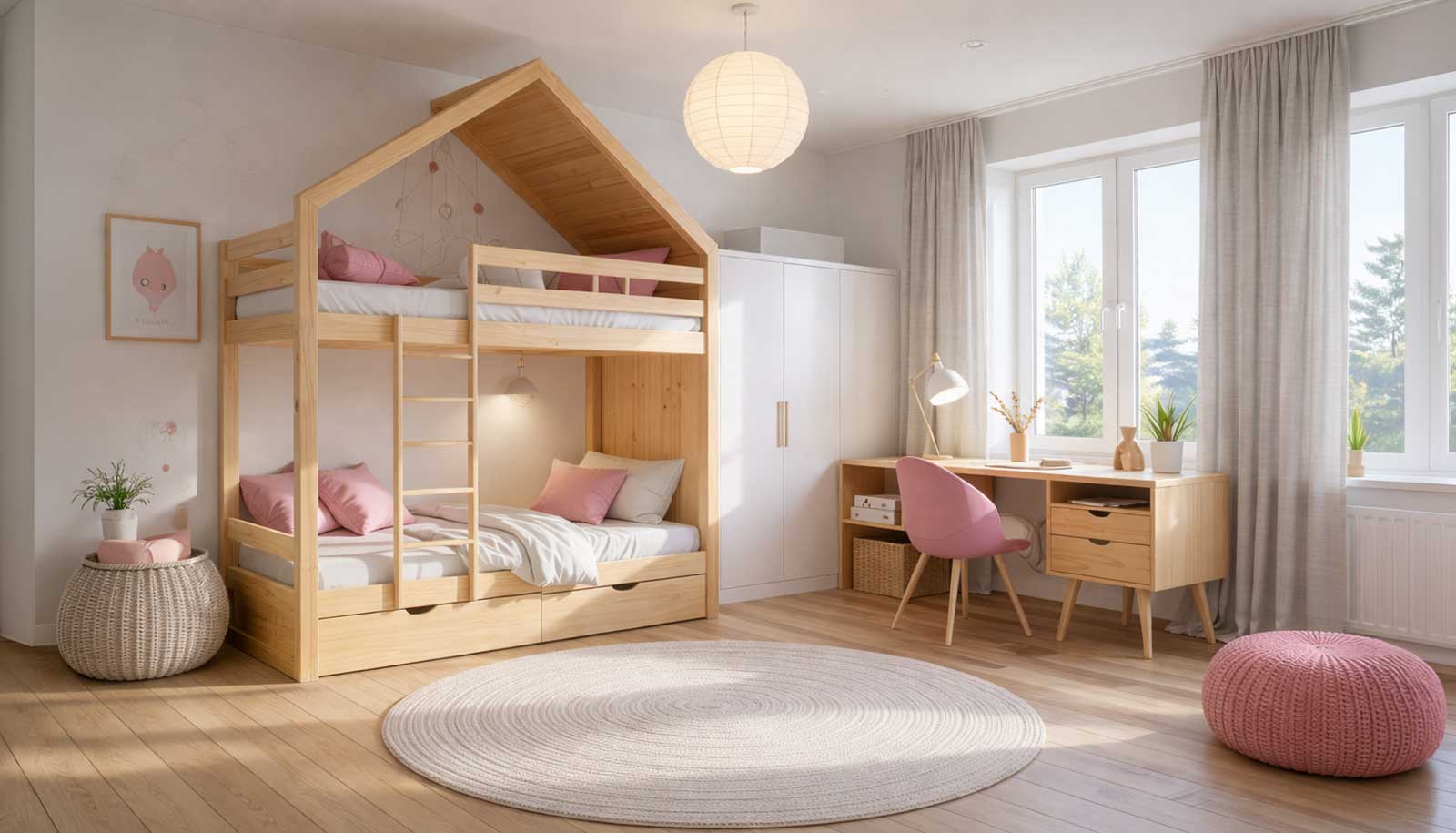 moderní dětský pokoj s patrovou postelí pracovním stolem a stropním osvětlením