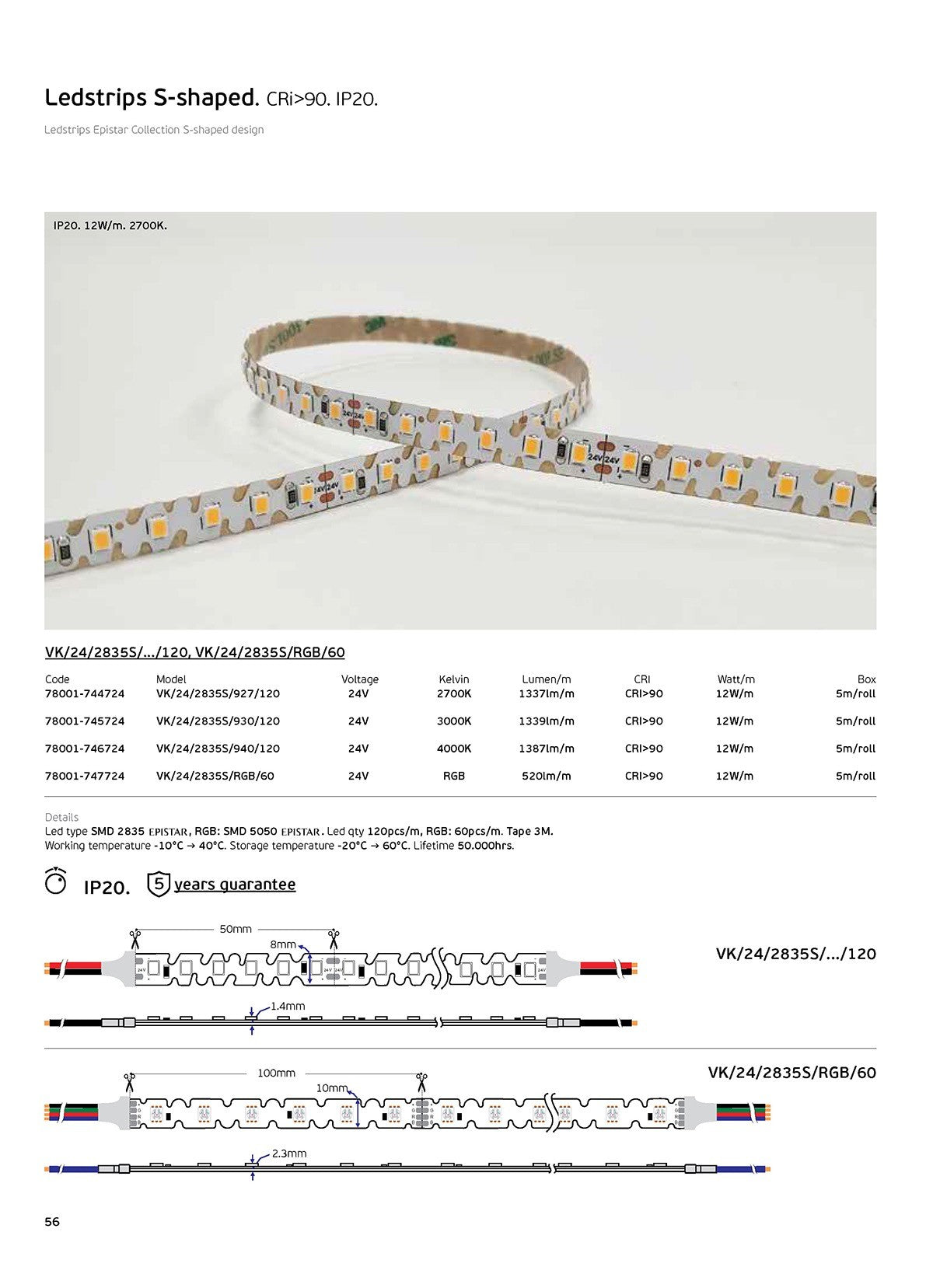 Bočný LED pás S-Type 24V CRI90 IP20 2700K (5 m)