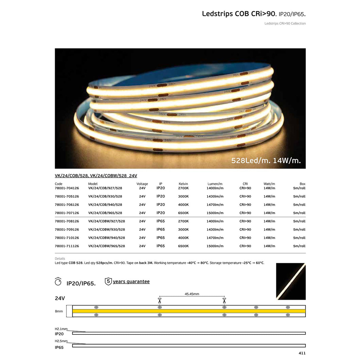 LED COB pásik 24 V, CRI 90, IP65, 3000 K, stmievateľný (5 m)