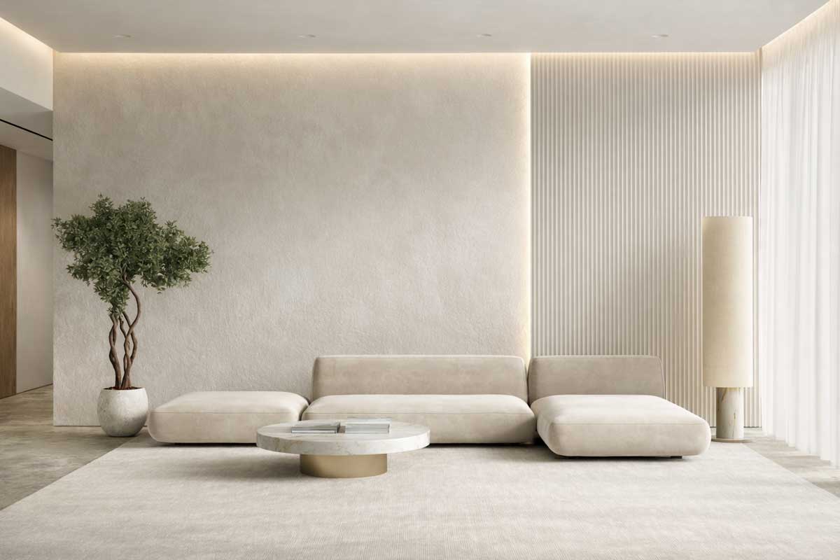 Moderní minimalistický interiér s nepřímým architektonickým osvětlením zvýrazňujícím stěny a prostor